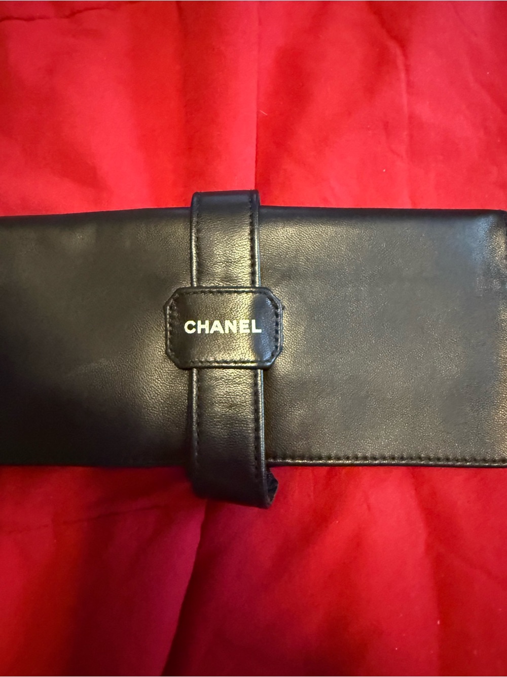 CHANEL Black Leather Clutch catchall with White Logo